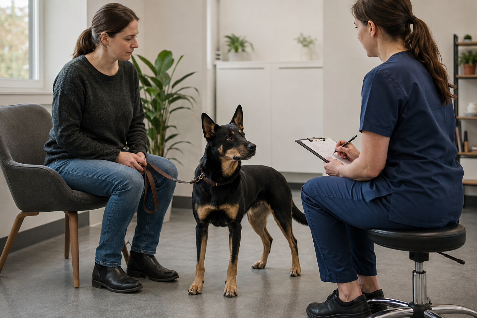 Veterinářka při klidné konzultaci sleduje chování psa vedle majitelky